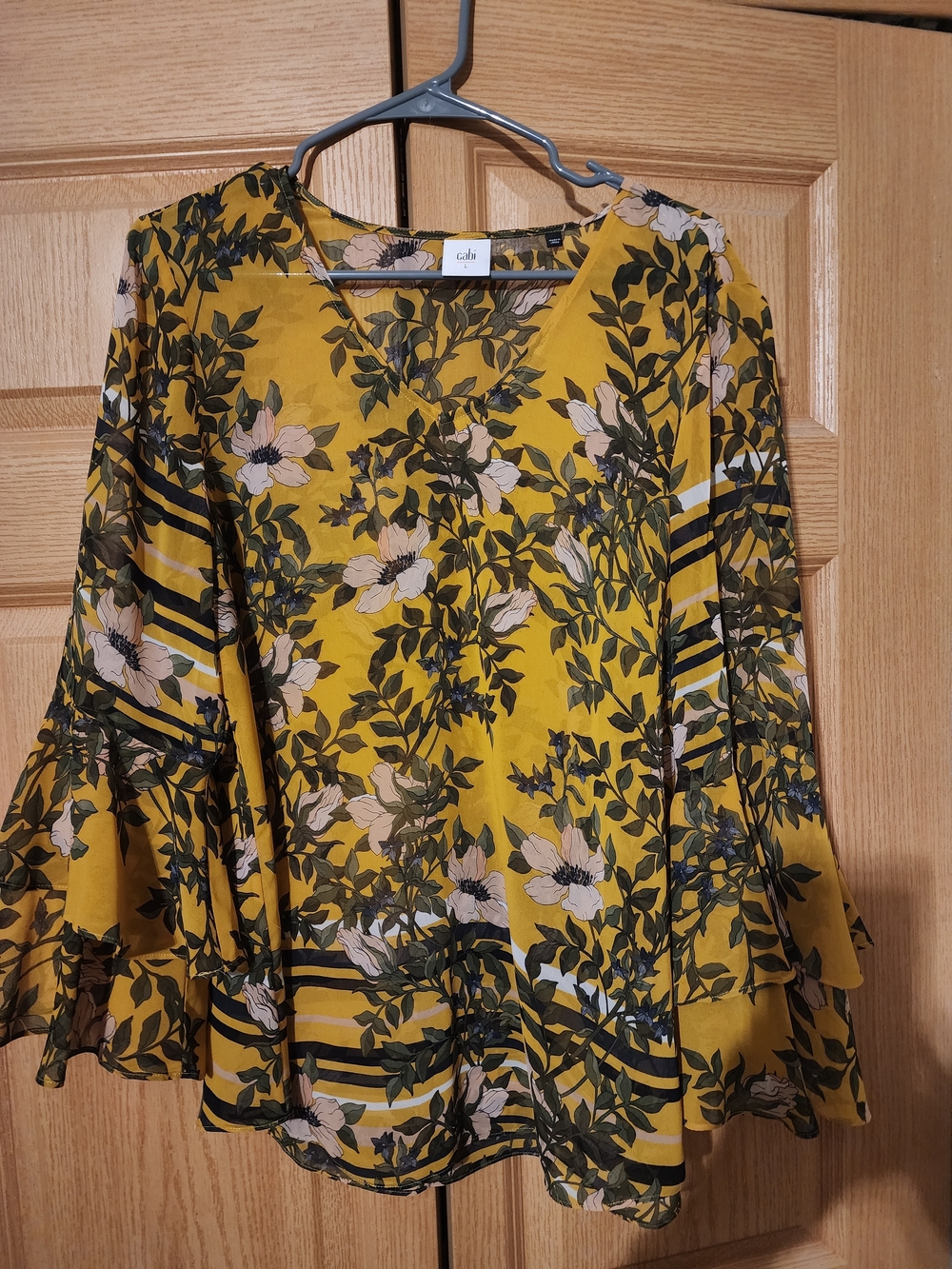CAbi Mustard Floral V-Neck Ruffle Bell-Sleeve Blouse